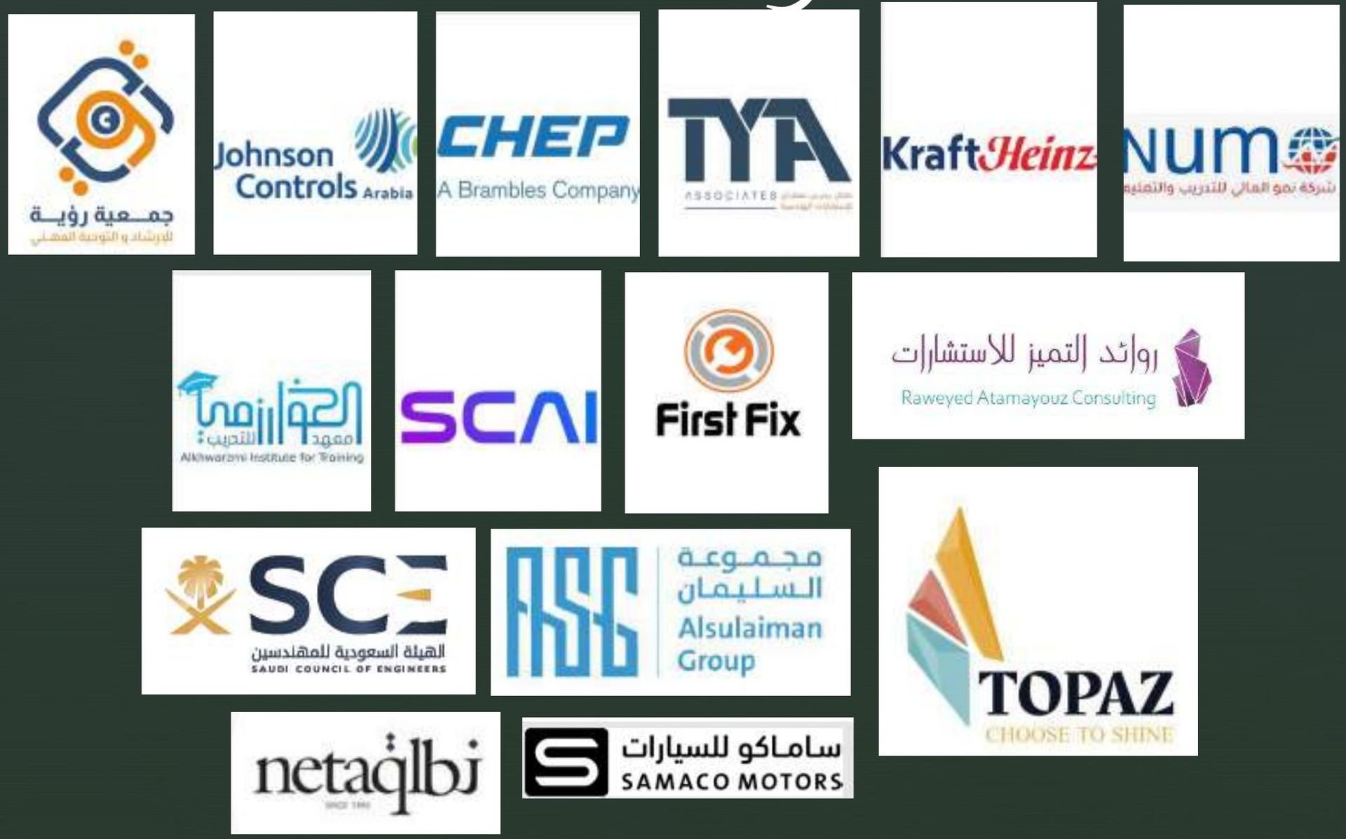 Our partners: Johnson Controls Arabia, CHEP, TYA, Kraft Heinz, NUMO, Saudi Council of Engineers, Alsulaiman Group, Topaz, Samaco Motors and more